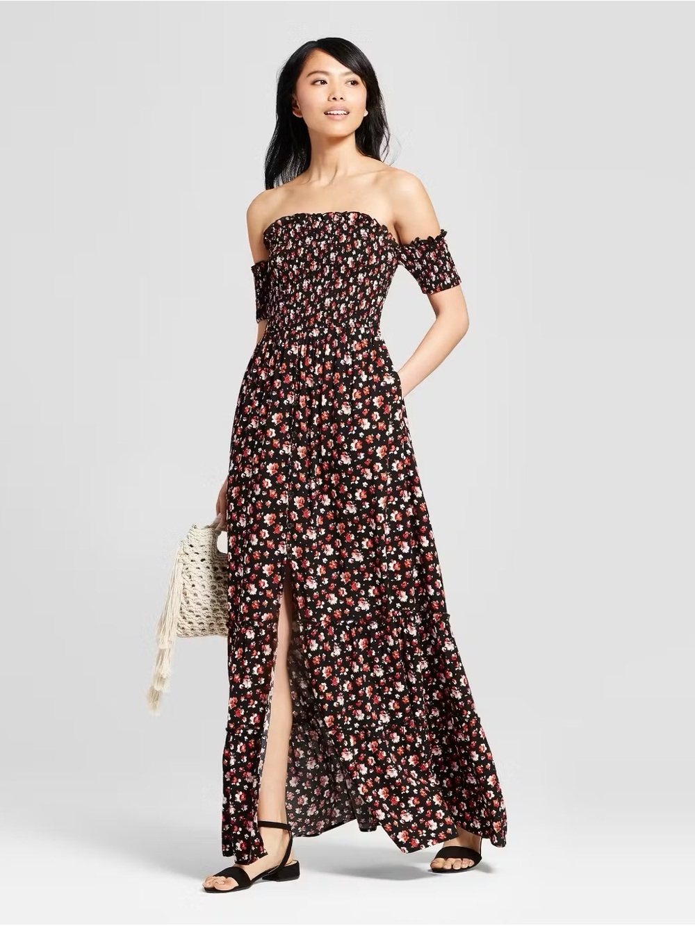 Black Floral Off The Shoulder Smocked Maxi Dress  Sz L Dark Romantic Whimsigoth
